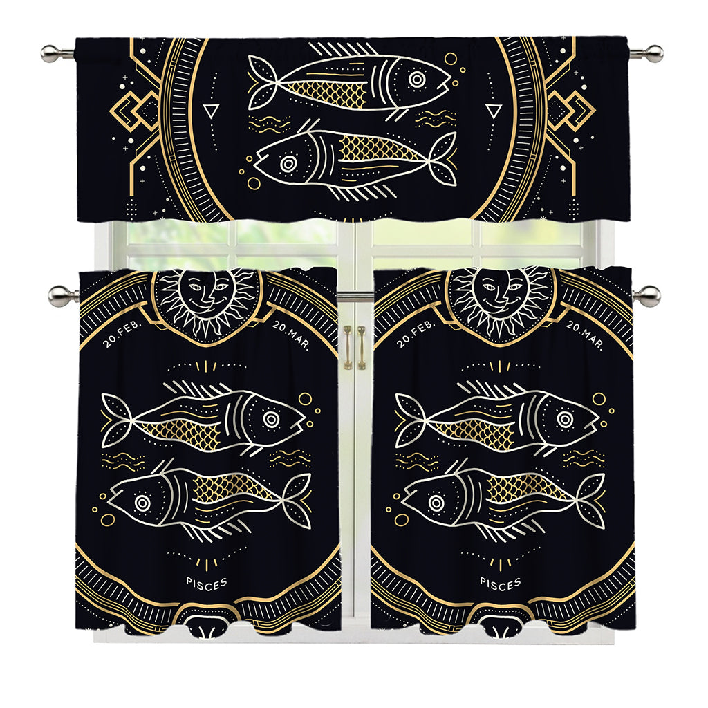 Vintage Pisces Zodiac Sign Print 3 Piece Kitchen Curtains