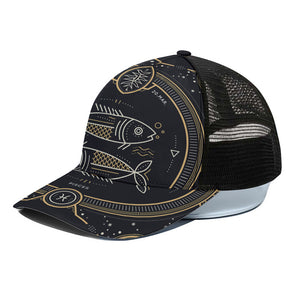 Vintage Pisces Zodiac Sign Print Black Mesh Trucker Cap