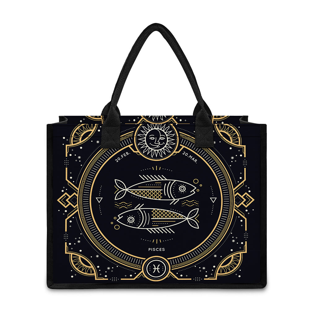 Vintage Pisces Zodiac Sign Print Canvas Tote Bag