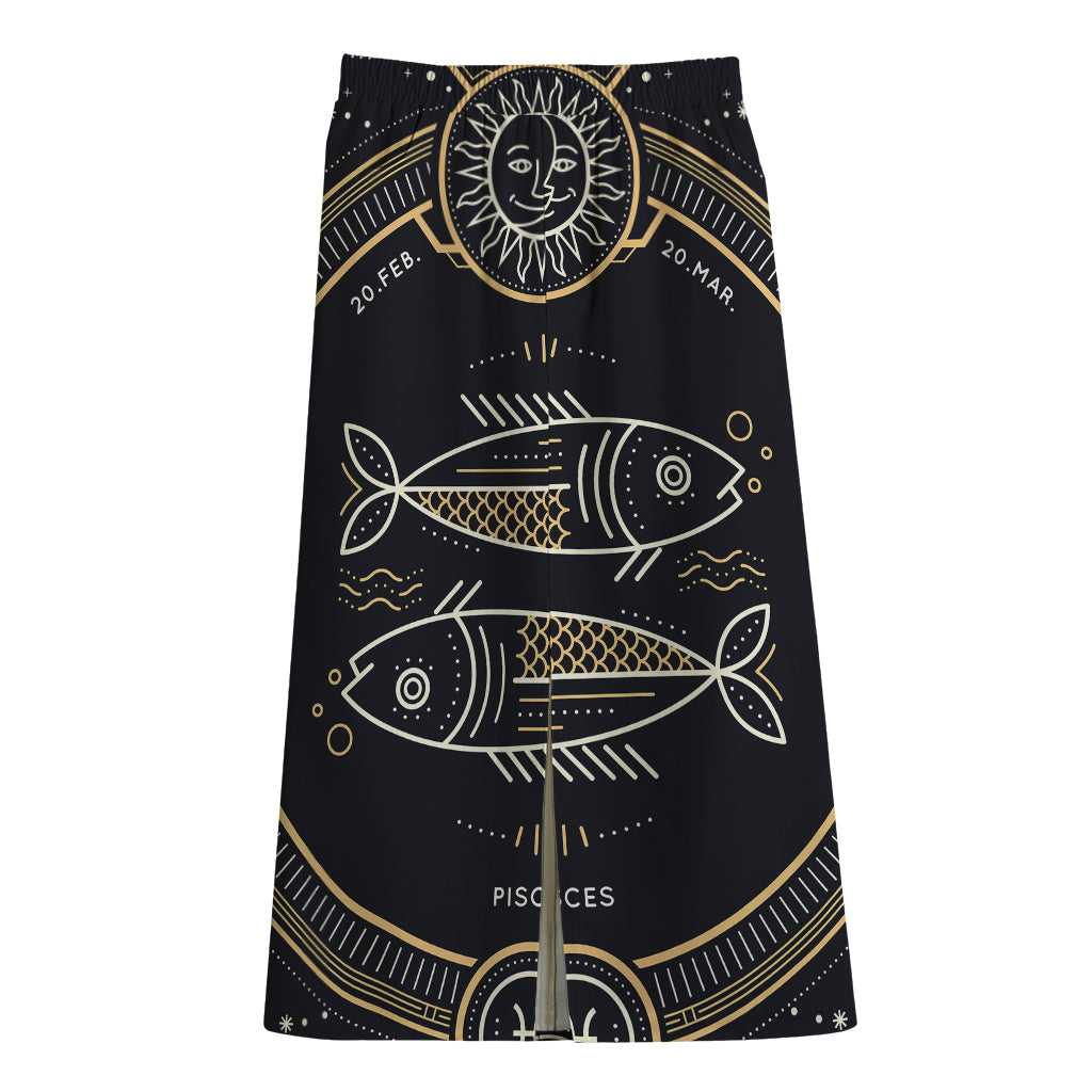 Vintage Pisces Zodiac Sign Print Cotton Front Slit Maxi Skirt