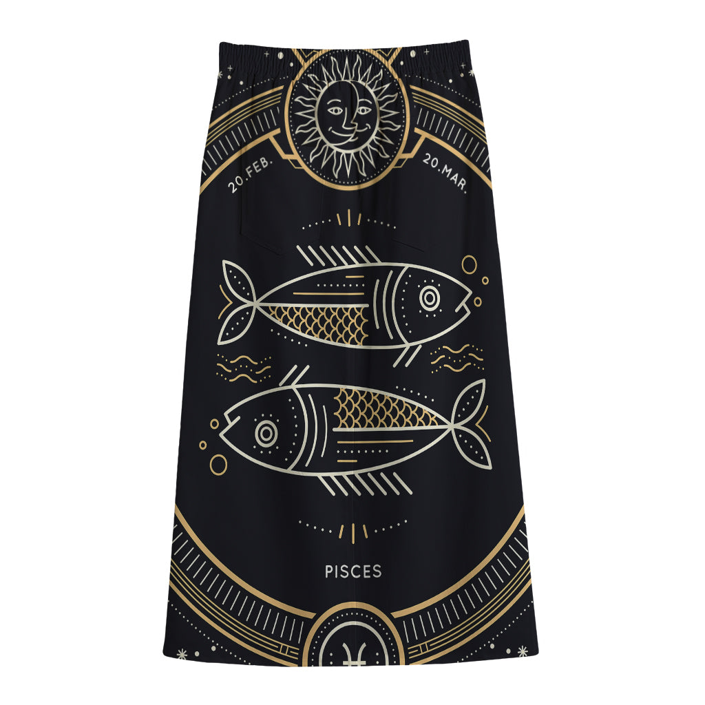 Vintage Pisces Zodiac Sign Print Cotton Front Slit Maxi Skirt