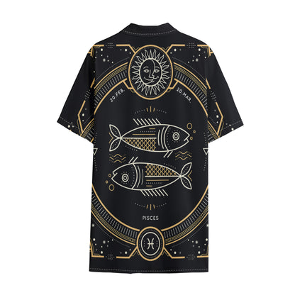 Vintage Pisces Zodiac Sign Print Cotton Hawaiian Shirt