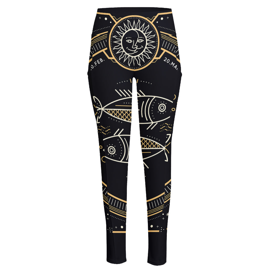 Vintage Pisces Zodiac Sign Print High-Waisted Pocket Leggings