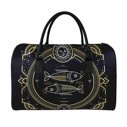 Vintage Pisces Zodiac Sign Print Leather Duffle Bag