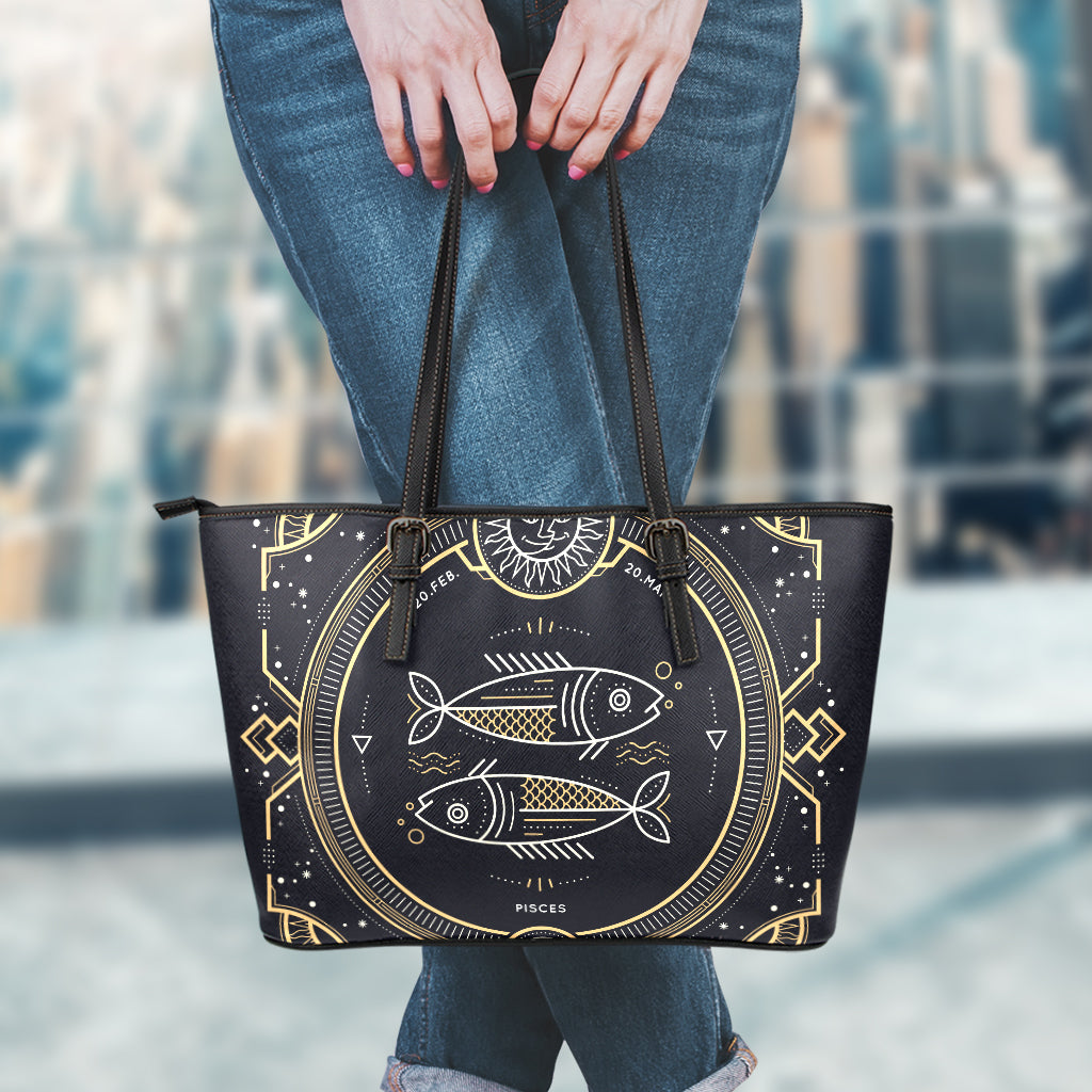 Vintage Pisces Zodiac Sign Print Leather Tote Bag