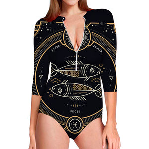 Vintage Pisces Zodiac Sign Print Long Sleeve Swimsuit