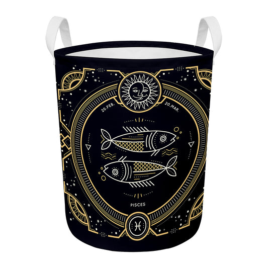 Vintage Pisces Zodiac Sign Print Round Laundry Basket