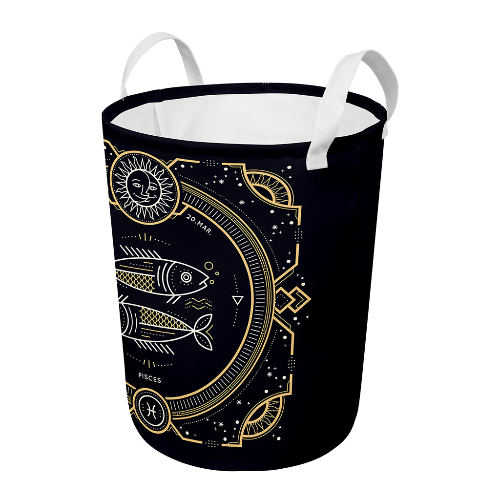 Vintage Pisces Zodiac Sign Print Round Laundry Basket