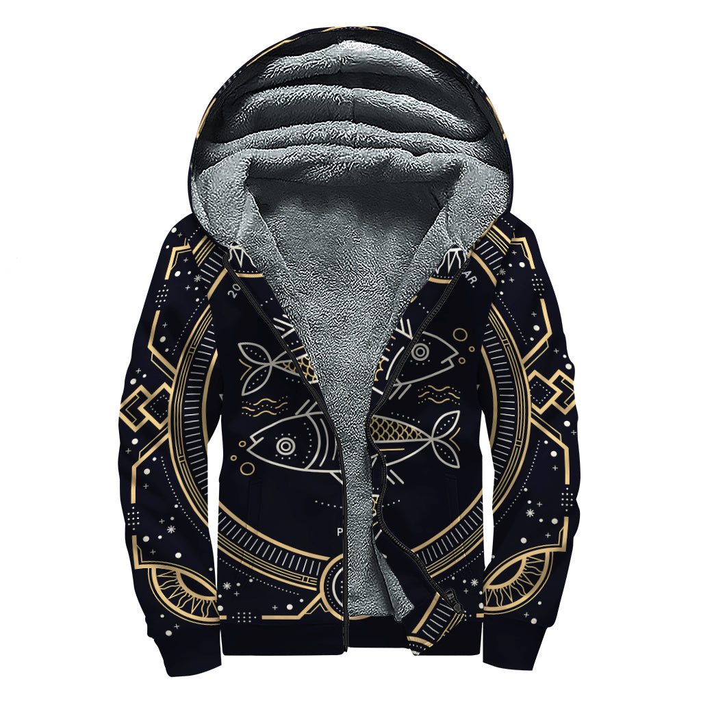 Vintage Pisces Zodiac Sign Print Sherpa Lined Zip Up Hoodie