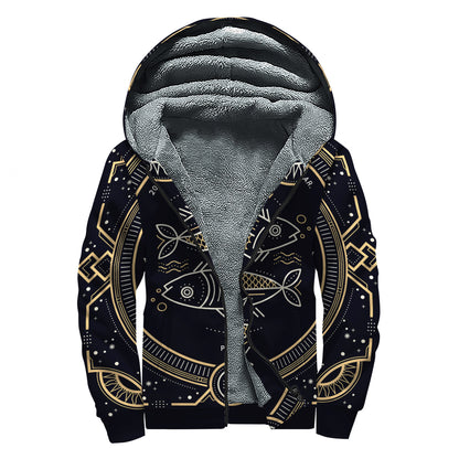 Vintage Pisces Zodiac Sign Print Sherpa Lined Zip Up Hoodie