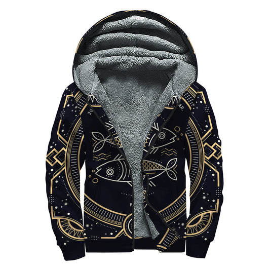 Vintage Pisces Zodiac Sign Print Sherpa Lined Zip Up Hoodie