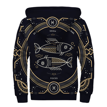 Vintage Pisces Zodiac Sign Print Sherpa Lined Zip Up Hoodie