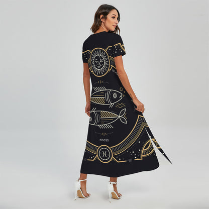 Vintage Pisces Zodiac Sign Print Short Sleeve Maxi Dress