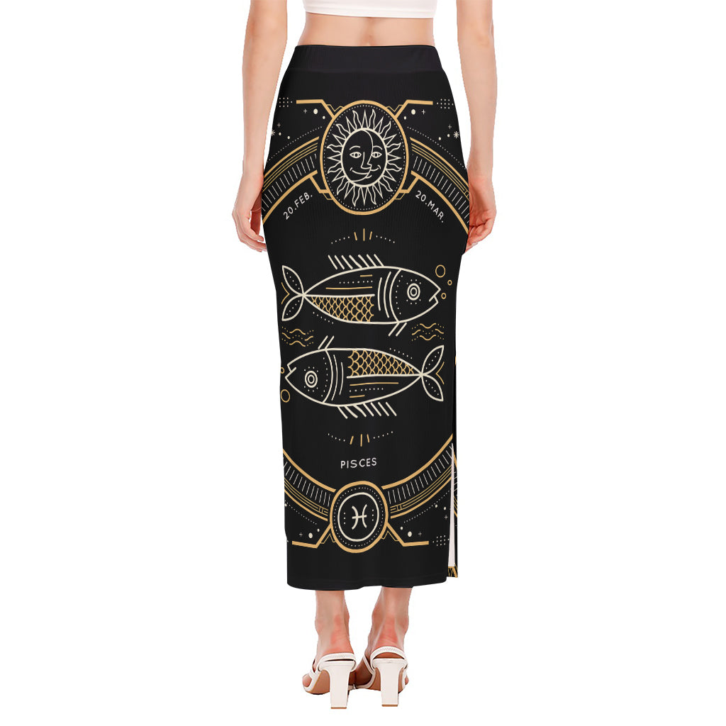 Vintage Pisces Zodiac Sign Print Side Slit Maxi Skirt