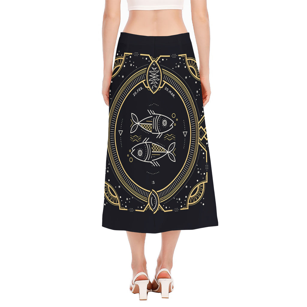 Vintage Pisces Zodiac Sign Print Side Slit Midi Skirt