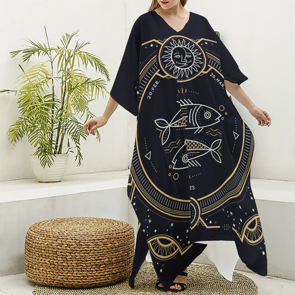 Vintage Pisces Zodiac Sign Print Silk V-Neck Kaftan Dress