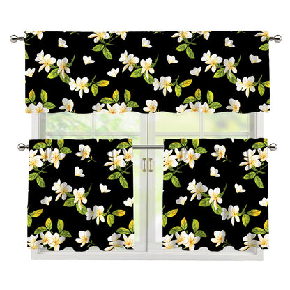 Vintage Plumeria Flower Pattern Print 3 Piece Kitchen Curtains