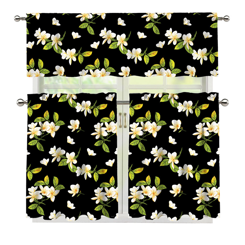 Vintage Plumeria Flower Pattern Print 3 Piece Kitchen Curtains