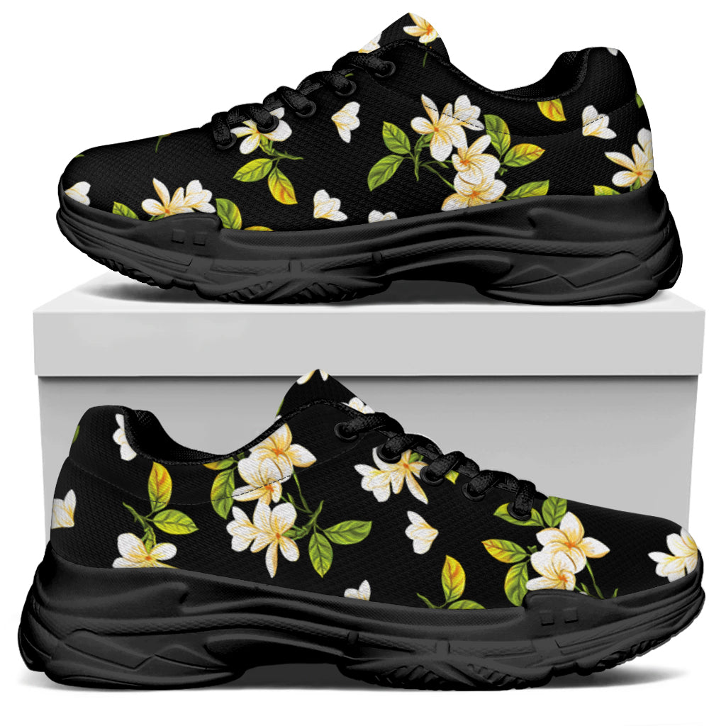 Vintage Plumeria Flower Pattern Print Black Chunky Shoes