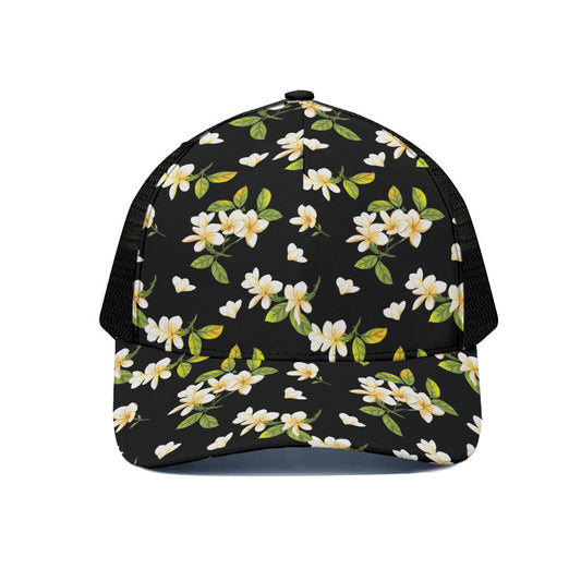 Vintage Plumeria Flower Pattern Print Black Mesh Trucker Cap