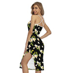 Vintage Plumeria Flower Pattern Print Cross Back Cami Dress
