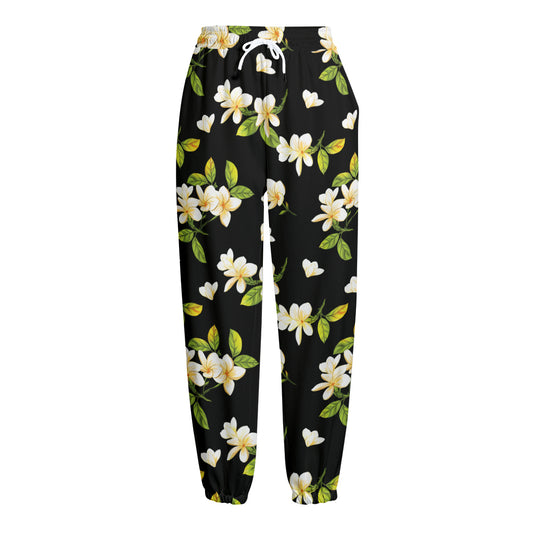 Vintage Plumeria Flower Pattern Print Fleece Lined Knit Pants