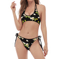 Vintage Plumeria Flower Pattern Print Halter Scoop Tie Side Bikini