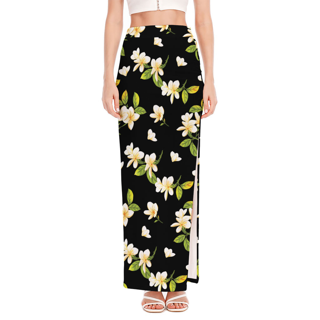 Vintage Plumeria Flower Pattern Print High Slit Maxi Skirt