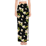 Vintage Plumeria Flower Pattern Print High Slit Maxi Skirt