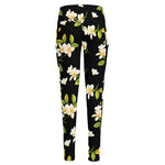 Vintage Plumeria Flower Pattern Print High-Waisted Pocket Leggings