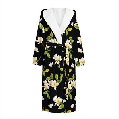 Vintage Plumeria Flower Pattern Print Hooded Bathrobe