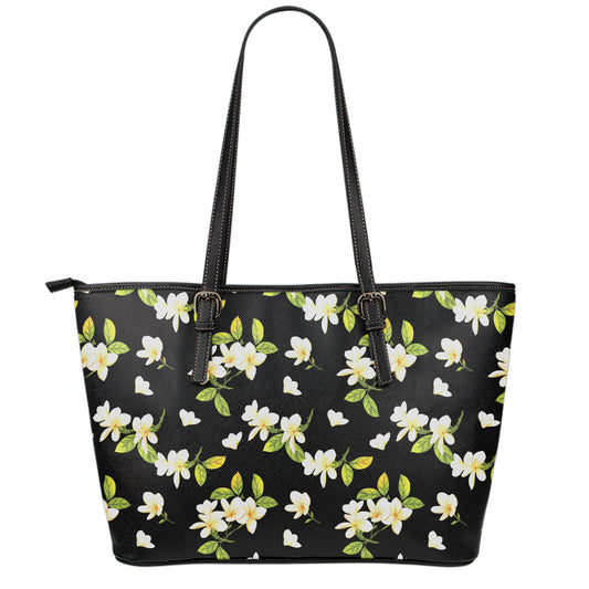 Vintage Plumeria Flower Pattern Print Leather Tote Bag