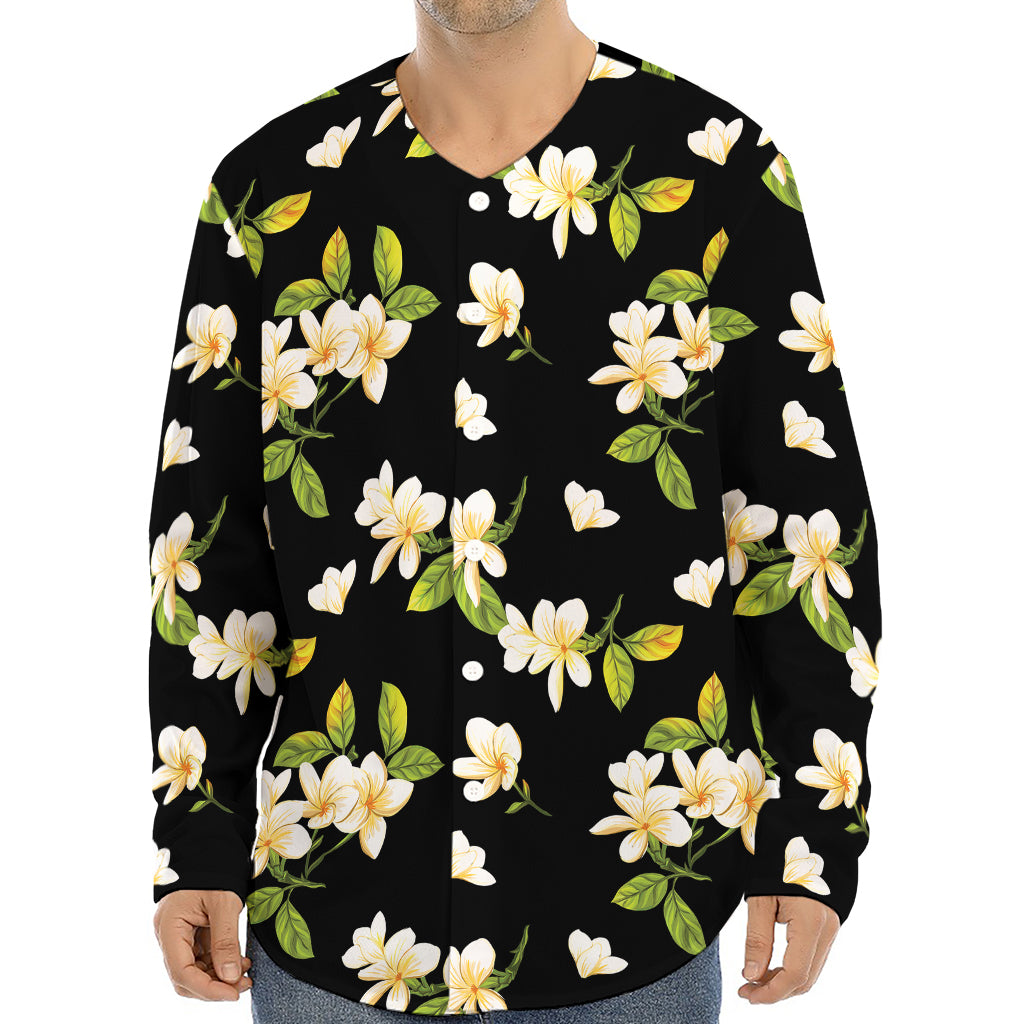 Vintage Plumeria Flower Pattern Print Long Sleeve Baseball Jersey