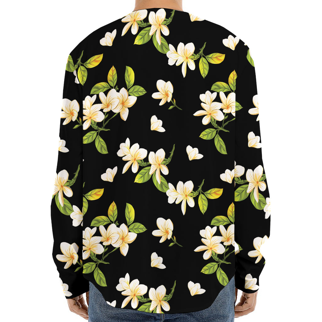 Vintage Plumeria Flower Pattern Print Long Sleeve Baseball Jersey