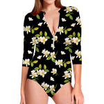 Vintage Plumeria Flower Pattern Print Long Sleeve Swimsuit