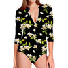 Vintage Plumeria Flower Pattern Print Long Sleeve Swimsuit