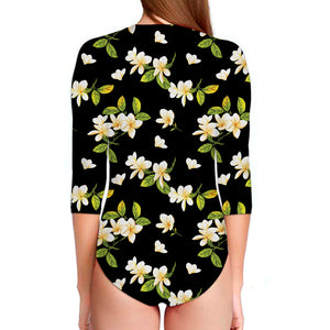 Vintage Plumeria Flower Pattern Print Long Sleeve Swimsuit