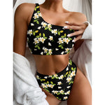 Vintage Plumeria Flower Pattern Print One Shoulder Bikini Top