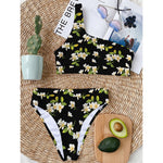 Vintage Plumeria Flower Pattern Print One Shoulder Bikini Top