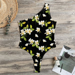 Vintage Plumeria Flower Pattern Print One Shoulder Bodysuit