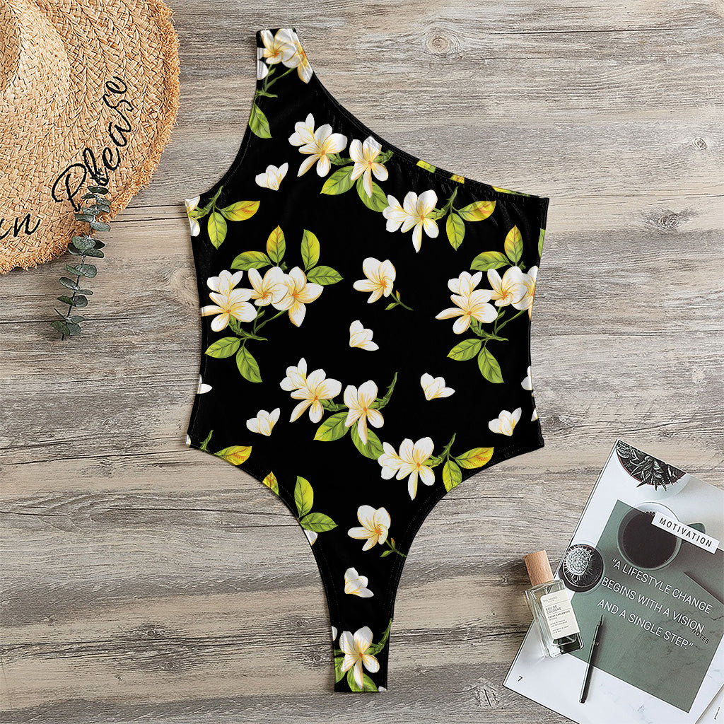 Vintage Plumeria Flower Pattern Print One Shoulder Bodysuit