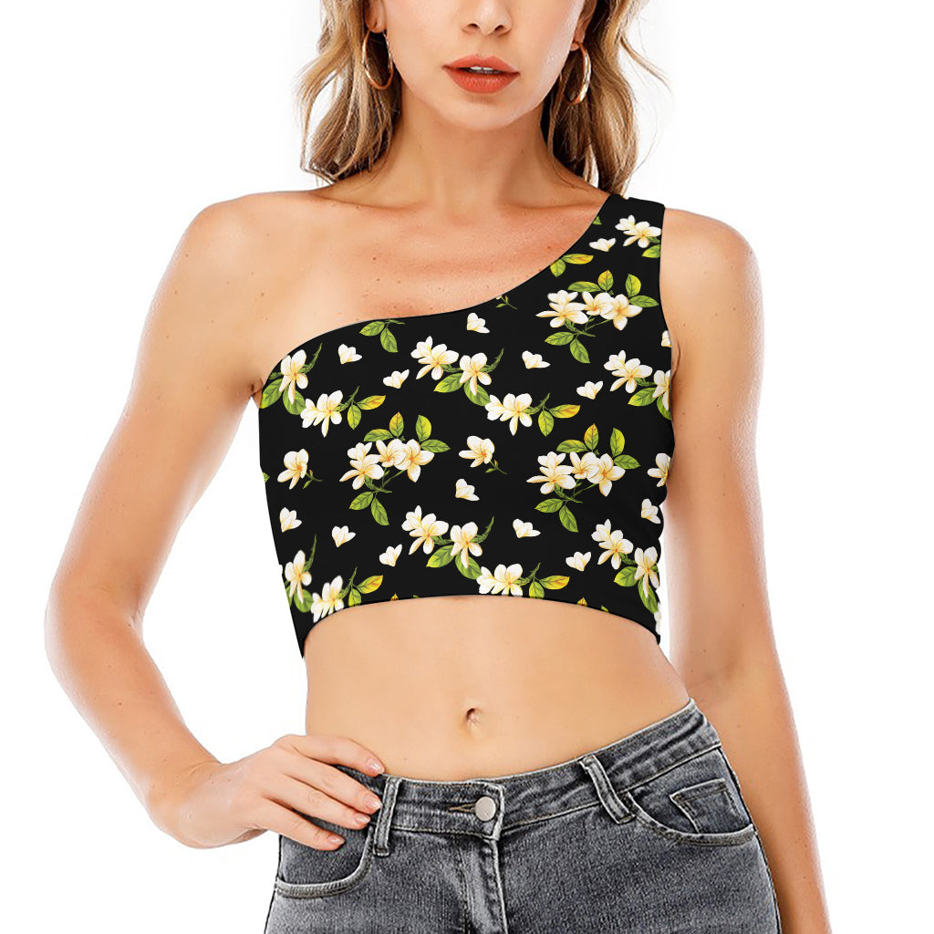 Vintage Plumeria Flower Pattern Print One Shoulder Crop Top
