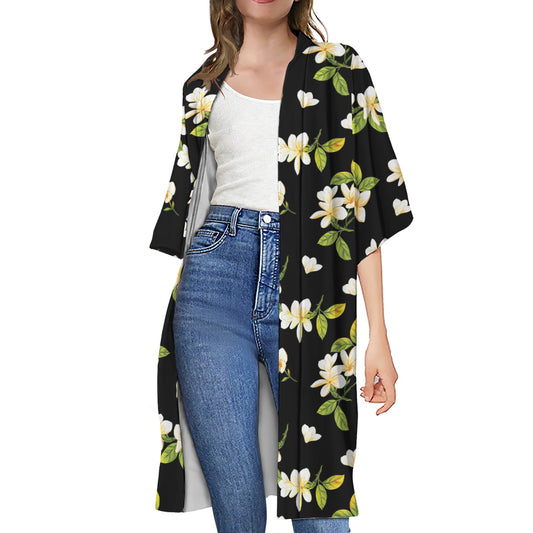 Vintage Plumeria Flower Pattern Print Open Front Beach Cover Up