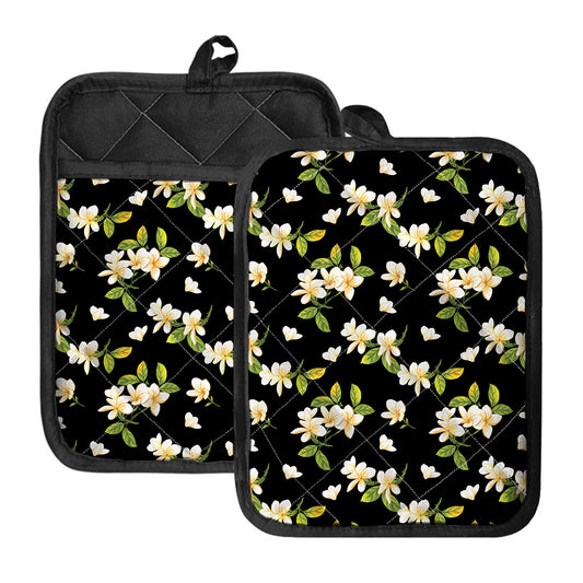 Vintage Plumeria Flower Pattern Print Pot Holders With Pocket