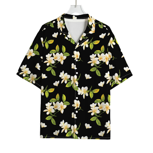 Vintage Plumeria Flower Pattern Print Rayon Hawaiian Shirt