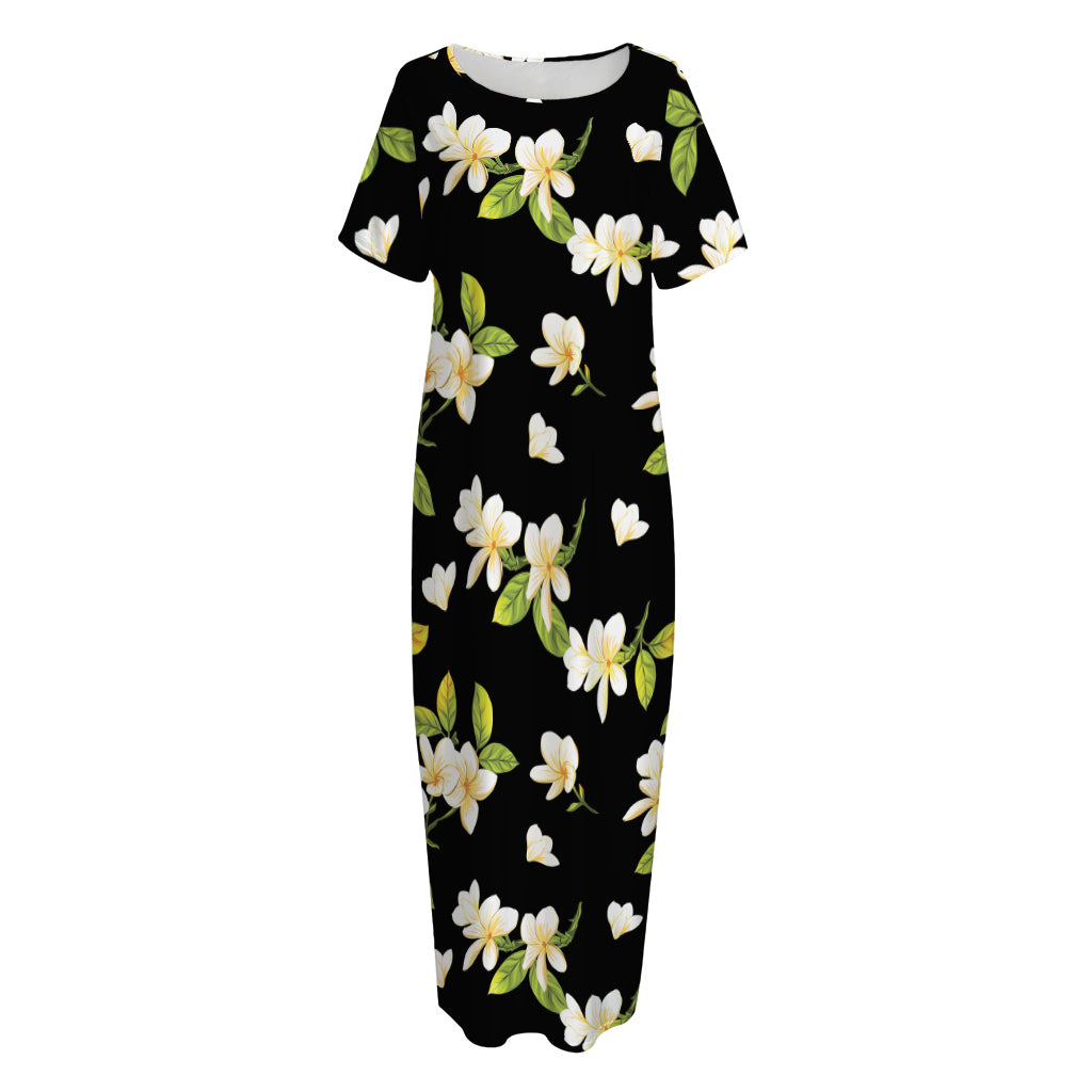 Vintage Plumeria Flower Pattern Print Short Sleeve Long Nightdress