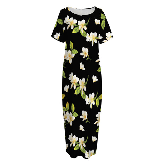 Vintage Plumeria Flower Pattern Print Short Sleeve Long Nightdress