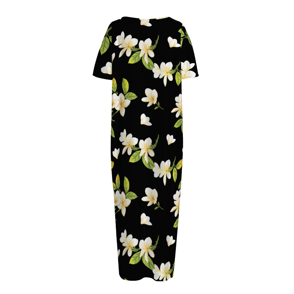 Vintage Plumeria Flower Pattern Print Short Sleeve Long Nightdress