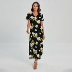 Vintage Plumeria Flower Pattern Print Short Sleeve Maxi Dress