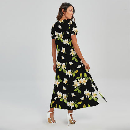 Vintage Plumeria Flower Pattern Print Short Sleeve Maxi Dress